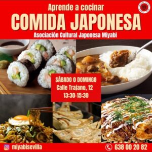 Cartel que anuncia talleres de cocina japonesa en la asociación Miyabi.